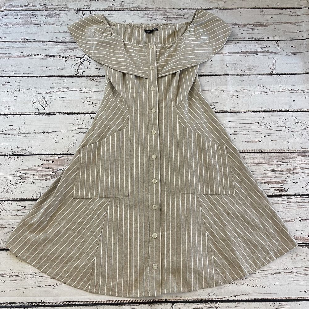 Saks 5th Ave Dress Size 8 Beige‎ Stripe Nautical Pockets Linen Blend Cottagecore